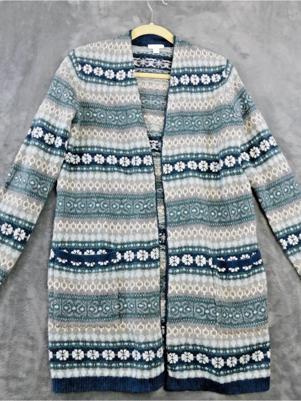 J. Jill Fair Isle Nordic Long Line Cardigan in Teal, Cream, Gray W/ Pockets - Picture 10 of 10